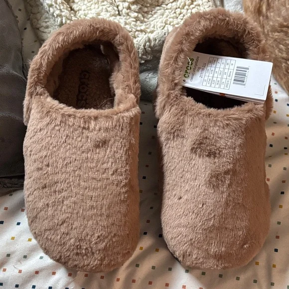 CROCS Women's Fuzzy Slip-On Mules in Light Brown - Picture 1 of 4